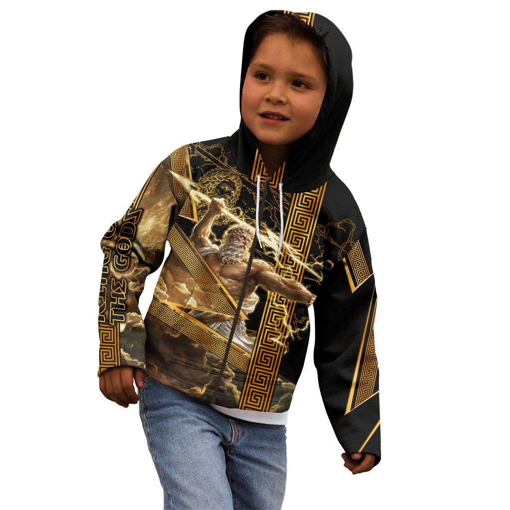 Zeus Greek Mythology King Of Gods Kid Hoodie Gold Meander Pattern Lightning Bolt Mythological