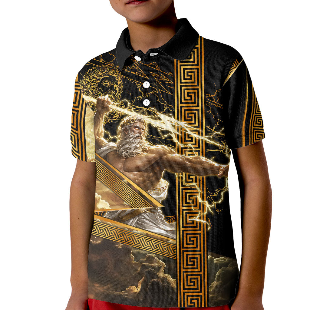 Zeus Greek Mythology King Of Gods Kid Polo Shirt Gold Meander Pattern Lightning Bolt Mythological