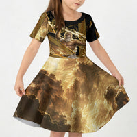Zeus Greek Mythology King Of Gods Kid Short Sleeve Dress Gold Meander Pattern Lightning Bolt Mythological