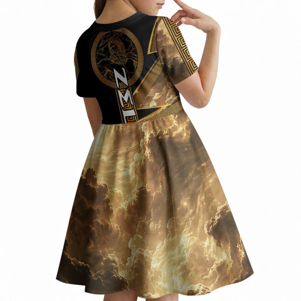 Zeus Greek Mythology King Of Gods Kid Short Sleeve Dress Gold Meander Pattern Lightning Bolt Mythological