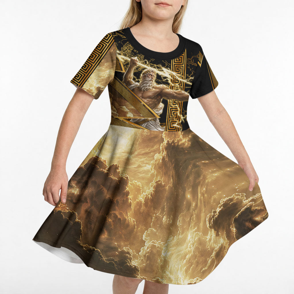 Zeus Greek Mythology King Of Gods Kid Short Sleeve Dress Gold Meander Pattern Lightning Bolt Mythological