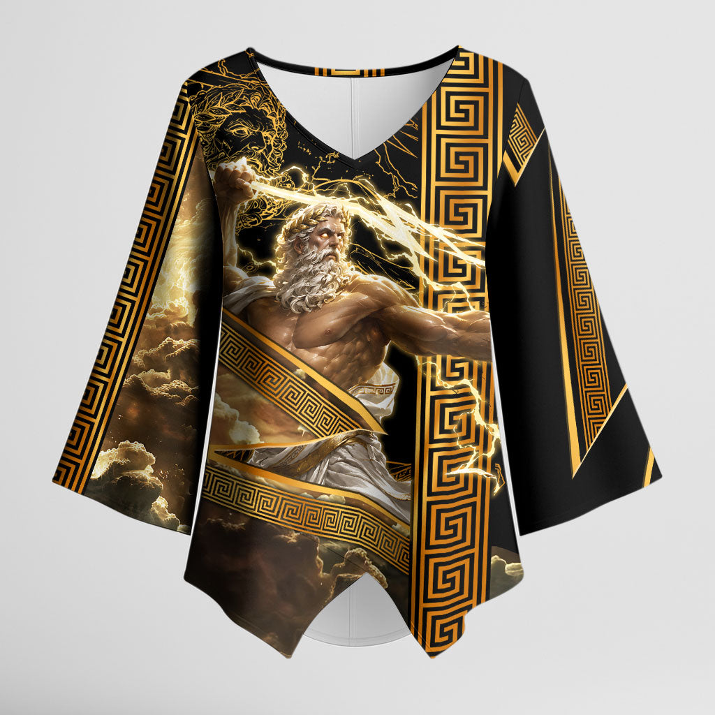 Zeus Greek Mythology King Of Gods Kimono Sleeve Blouse Gold Meander Pattern Lightning Bolt Mythological
