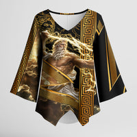 Zeus Greek Mythology King Of Gods Kimono Sleeve Blouse Gold Meander Pattern Lightning Bolt Mythological