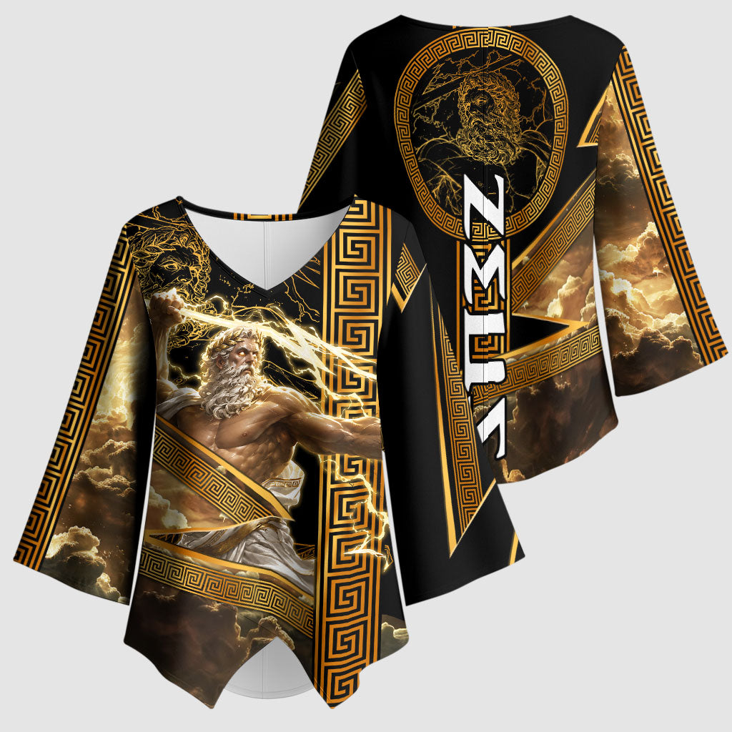Zeus Greek Mythology King Of Gods Kimono Sleeve Blouse Gold Meander Pattern Lightning Bolt Mythological