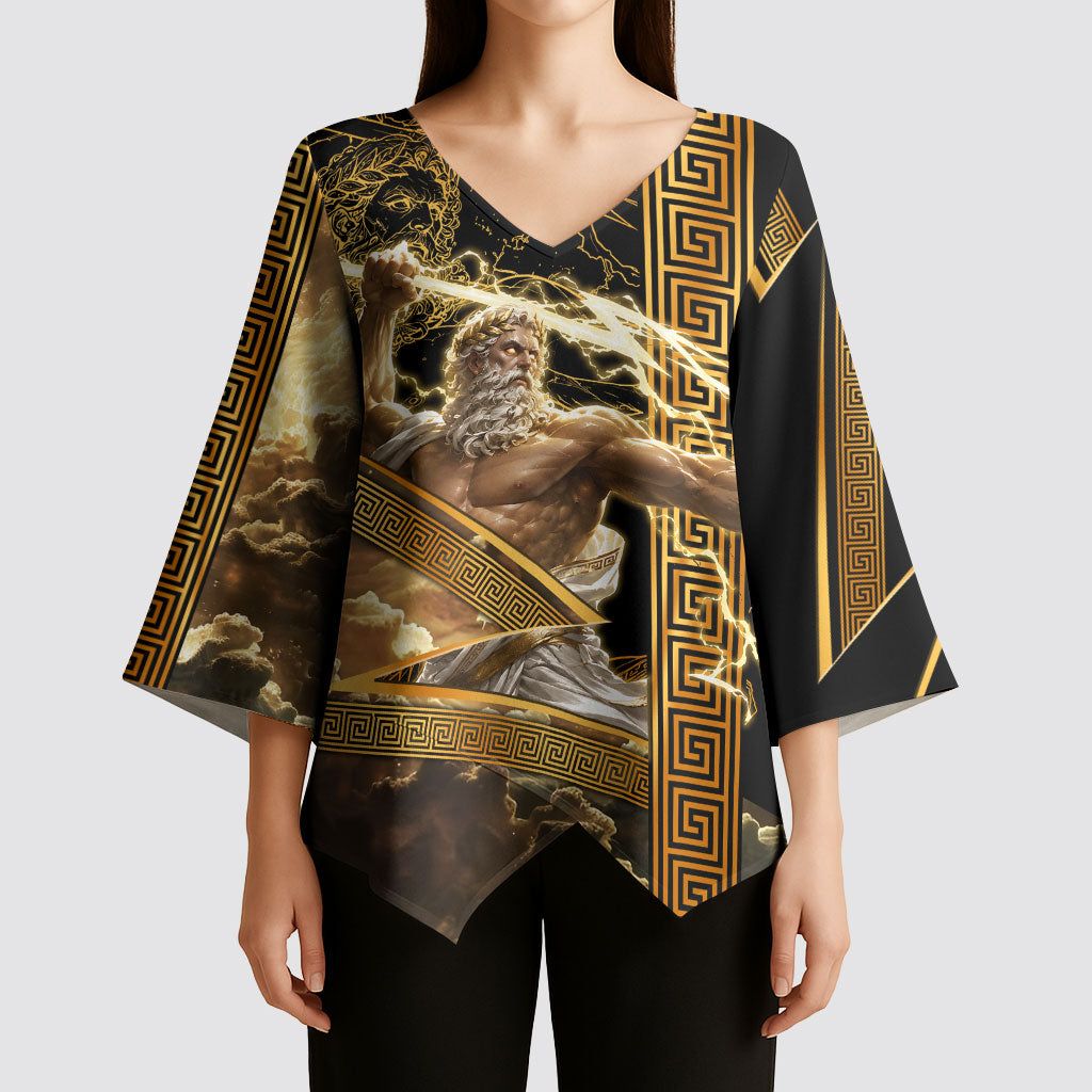 Zeus Greek Mythology King Of Gods Kimono Sleeve Blouse Gold Meander Pattern Lightning Bolt Mythological