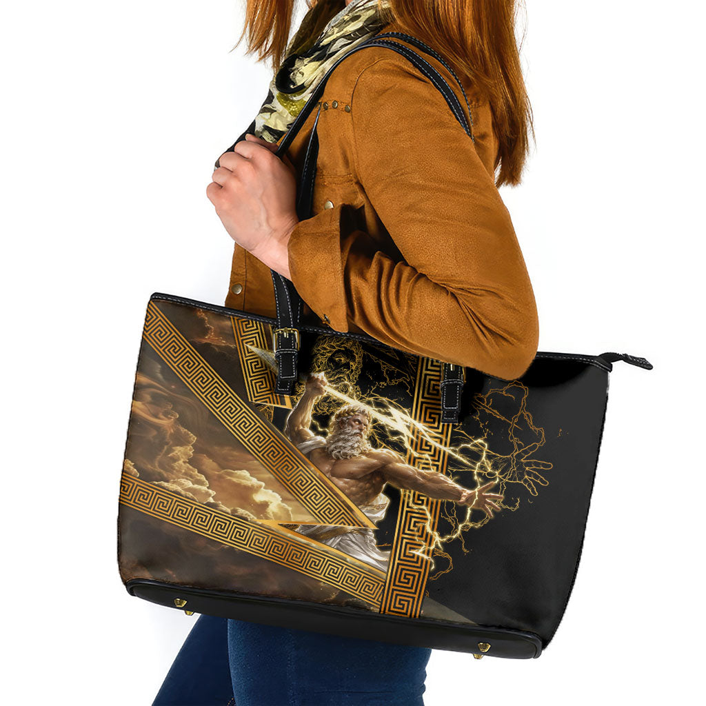 Zeus Greek Mythology King Of Gods Leather Tote Bag Gold Meander Pattern Lightning Bolt Mythological