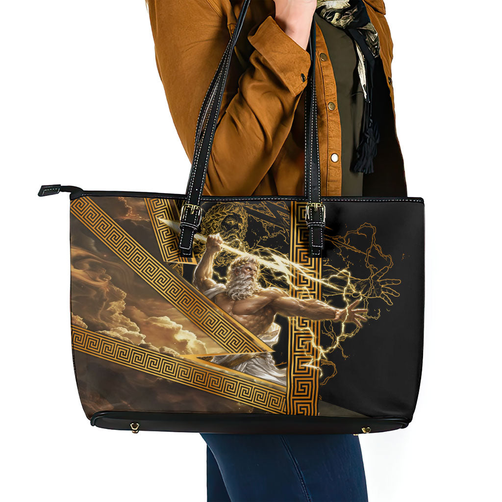 Zeus Greek Mythology King Of Gods Leather Tote Bag Gold Meander Pattern Lightning Bolt Mythological