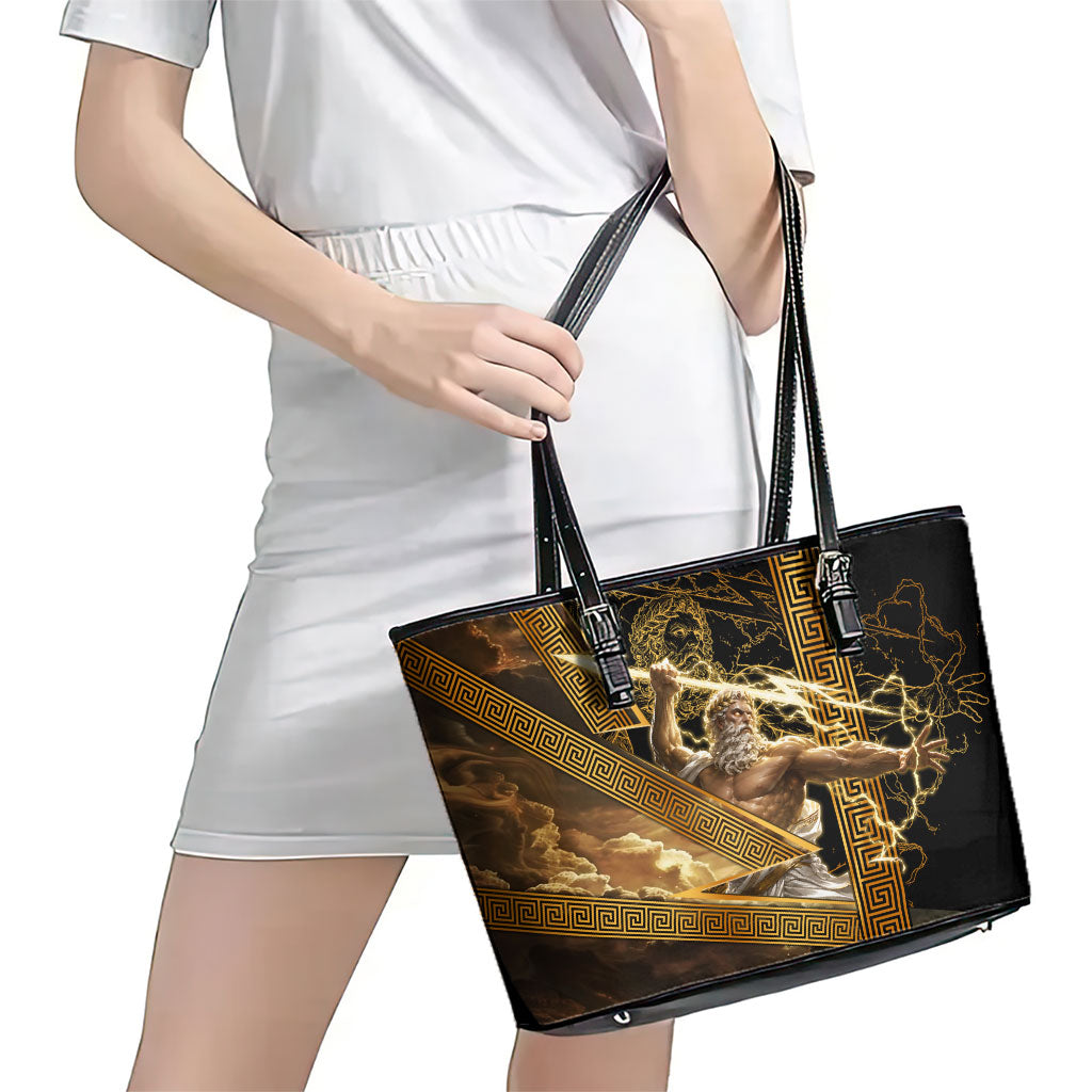 Zeus Greek Mythology King Of Gods Leather Tote Bag Gold Meander Pattern Lightning Bolt Mythological