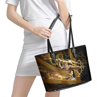 Zeus Greek Mythology King Of Gods Leather Tote Bag Gold Meander Pattern Lightning Bolt Mythological
