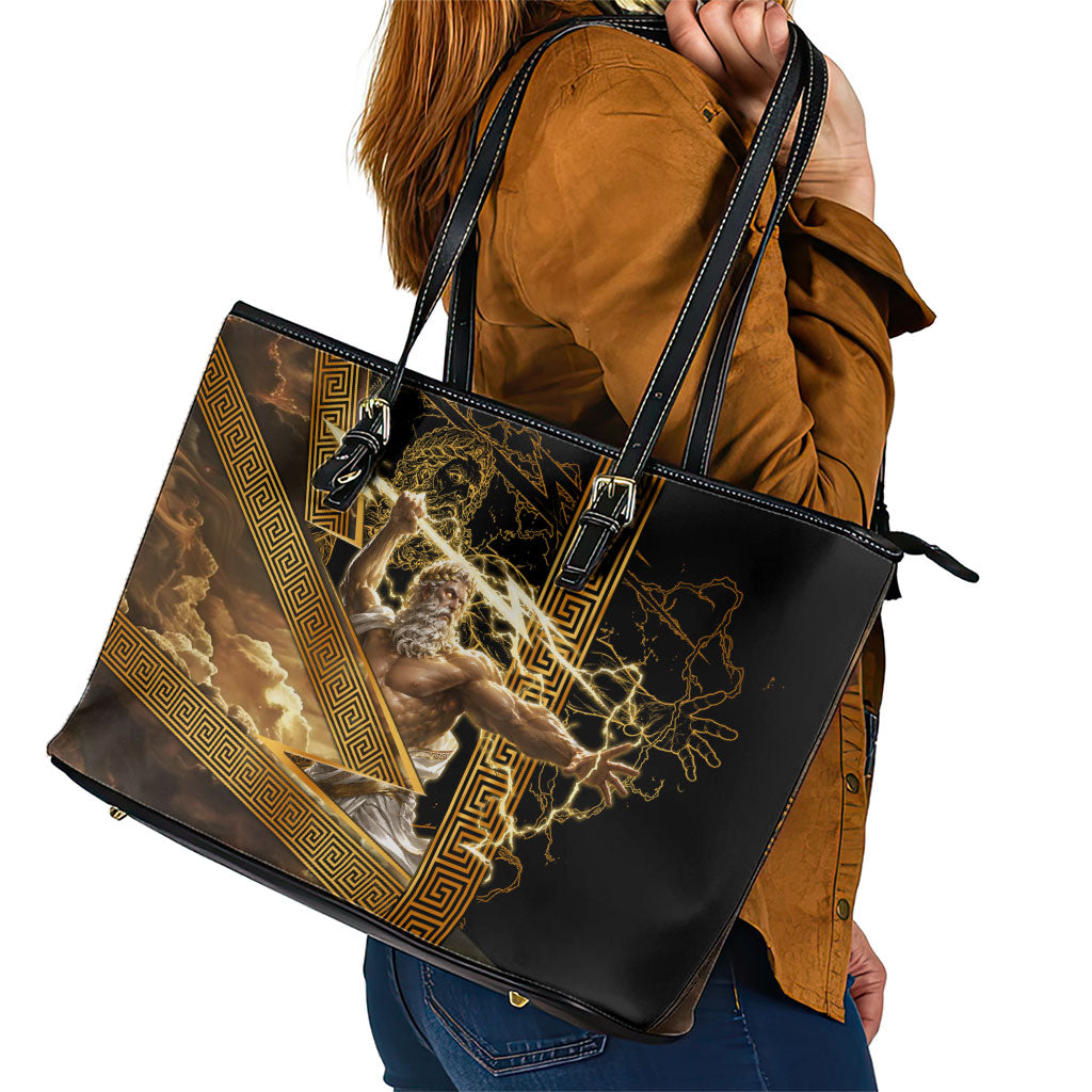 Zeus Greek Mythology King Of Gods Leather Tote Bag Gold Meander Pattern Lightning Bolt Mythological