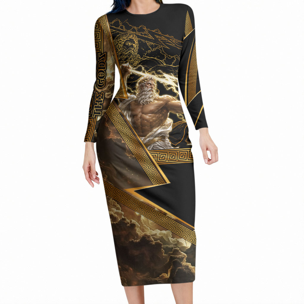 Zeus Greek Mythology King Of Gods Long Sleeve Bodycon Dress Gold Meander Pattern Lightning Bolt Mythological