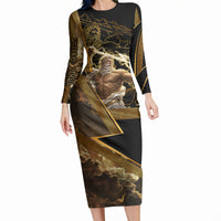 Zeus Greek Mythology King Of Gods Long Sleeve Bodycon Dress Gold Meander Pattern Lightning Bolt Mythological