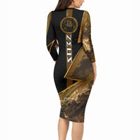 Zeus Greek Mythology King Of Gods Long Sleeve Bodycon Dress Gold Meander Pattern Lightning Bolt Mythological