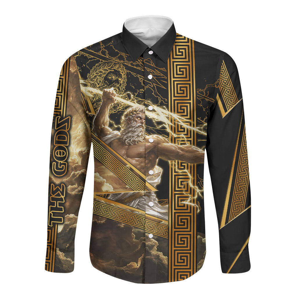 Zeus Greek Mythology King Of Gods Long Sleeve Button Shirt Gold Meander Pattern Lightning Bolt Mythological