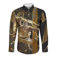 Zeus Greek Mythology King Of Gods Long Sleeve Button Shirt Gold Meander Pattern Lightning Bolt Mythological