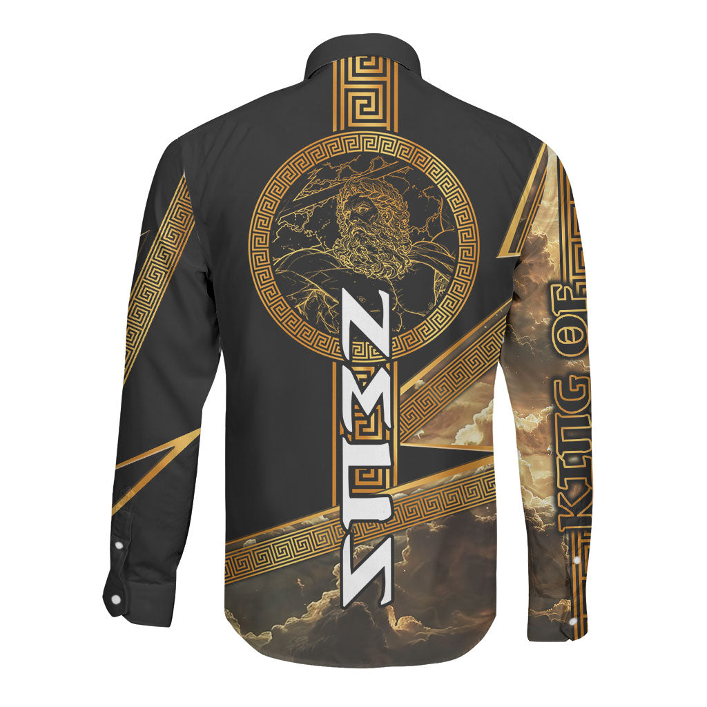 Zeus Greek Mythology King Of Gods Long Sleeve Button Shirt Gold Meander Pattern Lightning Bolt Mythological