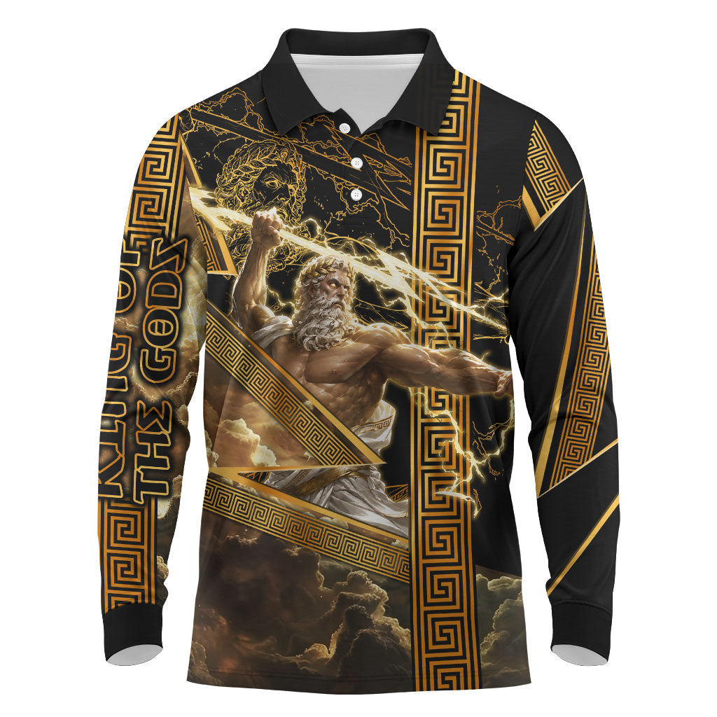 Zeus Greek Mythology King Of Gods Long Sleeve Polo Shirt Gold Meander Pattern Lightning Bolt Mythological