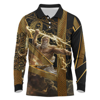 Zeus Greek Mythology King Of Gods Long Sleeve Polo Shirt Gold Meander Pattern Lightning Bolt Mythological