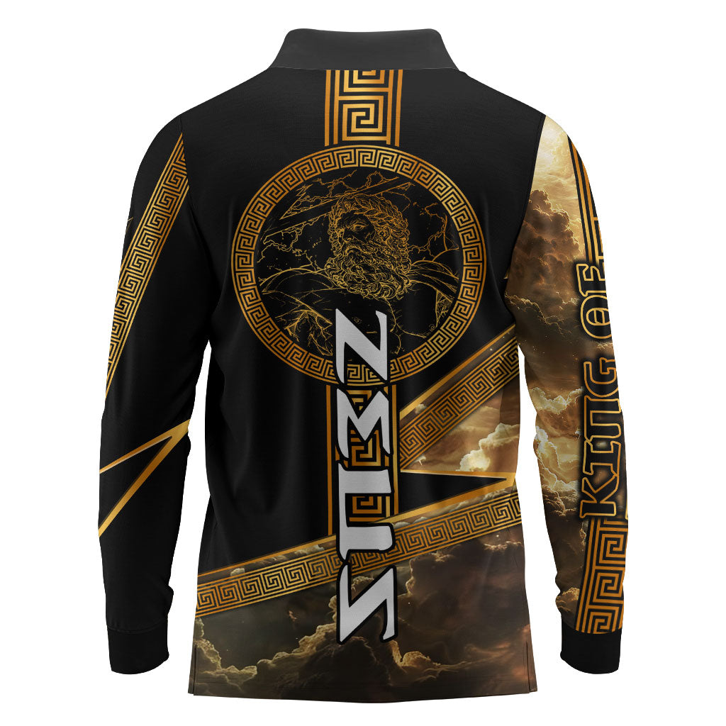 Zeus Greek Mythology King Of Gods Long Sleeve Polo Shirt Gold Meander Pattern Lightning Bolt Mythological