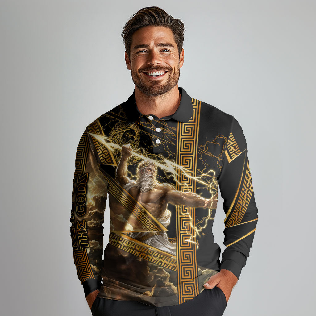 Zeus Greek Mythology King Of Gods Long Sleeve Polo Shirt Gold Meander Pattern Lightning Bolt Mythological
