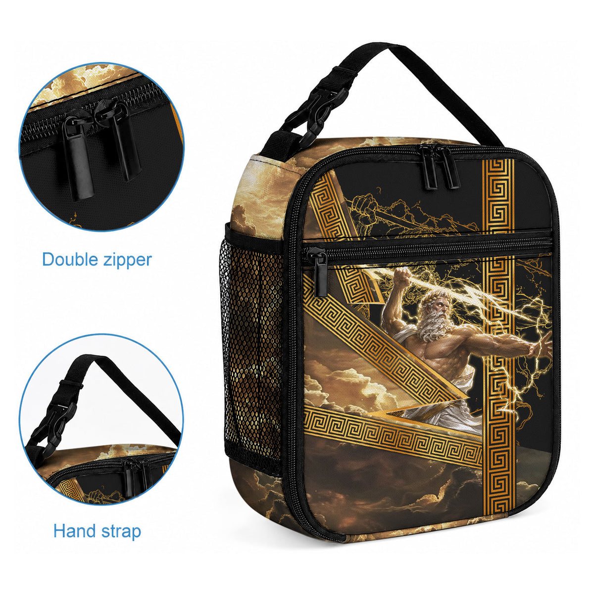 Zeus Greek Mythology King Of Gods Lunch Bag Gold Meander Pattern Lightning Bolt Mythological
