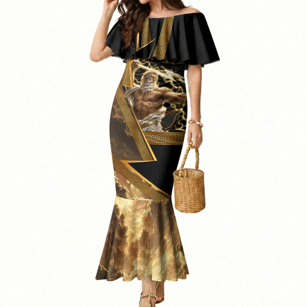 Zeus Greek Mythology King Of Gods Mermaid Dress Gold Meander Pattern Lightning Bolt Mythological