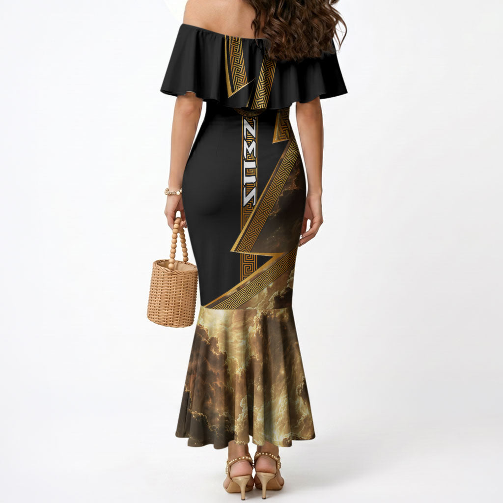 Zeus Greek Mythology King Of Gods Mermaid Dress Gold Meander Pattern Lightning Bolt Mythological