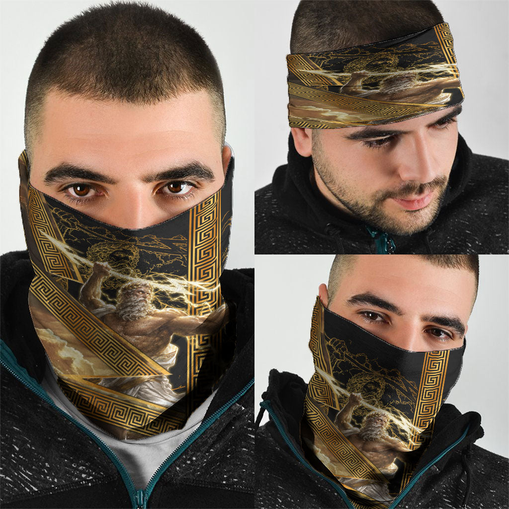 Zeus Greek Mythology King Of Gods Neck Gaiter Gold Meander Pattern Lightning Bolt Mythological