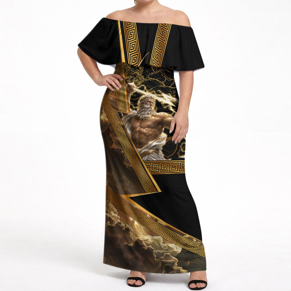 Zeus Greek Mythology King Of Gods Off Shoulder Maxi Dress Gold Meander Pattern Lightning Bolt Mythological