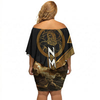 Zeus Greek Mythology King Of Gods Off Shoulder Short Dress Gold Meander Pattern Lightning Bolt Mythological
