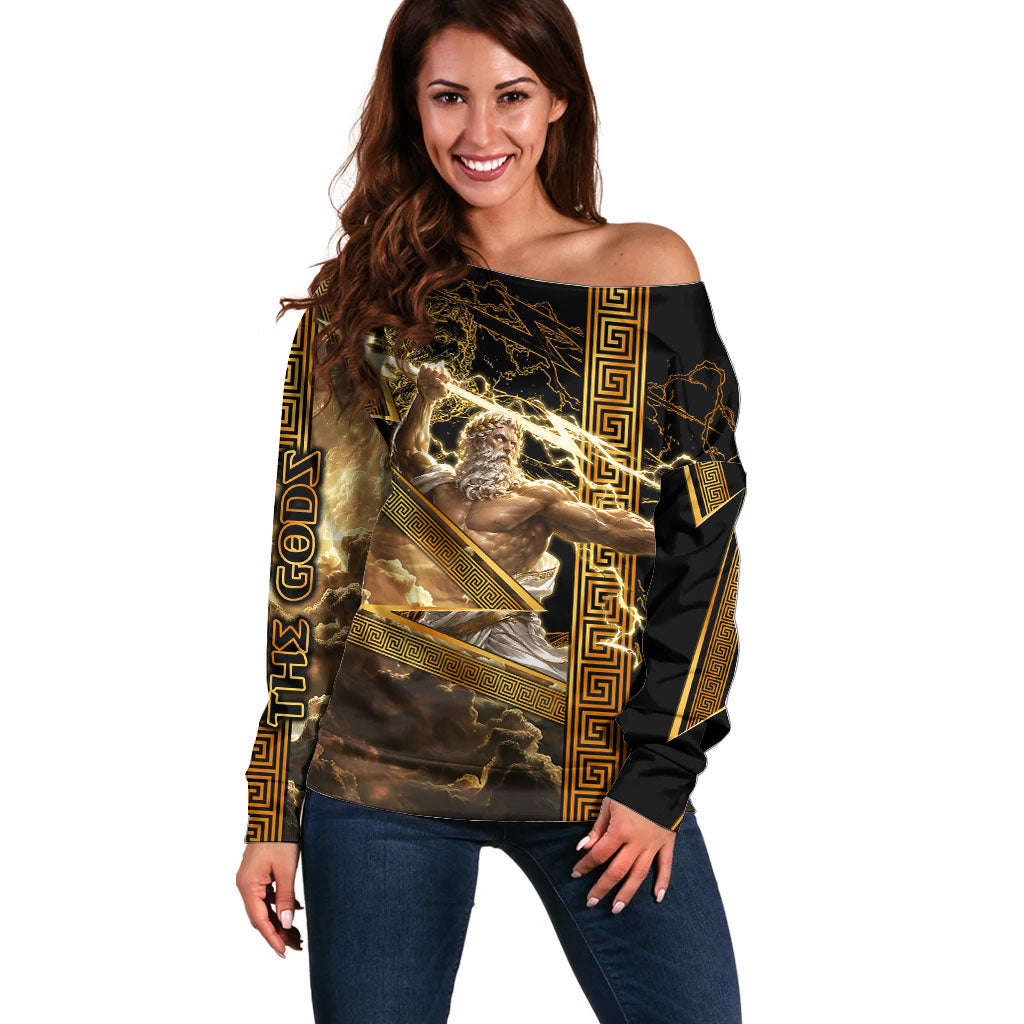 Zeus Greek Mythology King Of Gods Off Shoulder Sweater Gold Meander Pattern Lightning Bolt Mythological
