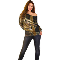 Zeus Greek Mythology King Of Gods Off Shoulder Sweater Gold Meander Pattern Lightning Bolt Mythological