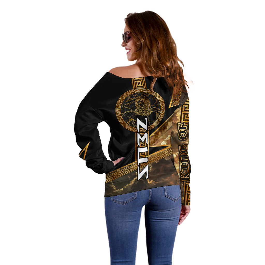 Zeus Greek Mythology King Of Gods Off Shoulder Sweater Gold Meander Pattern Lightning Bolt Mythological