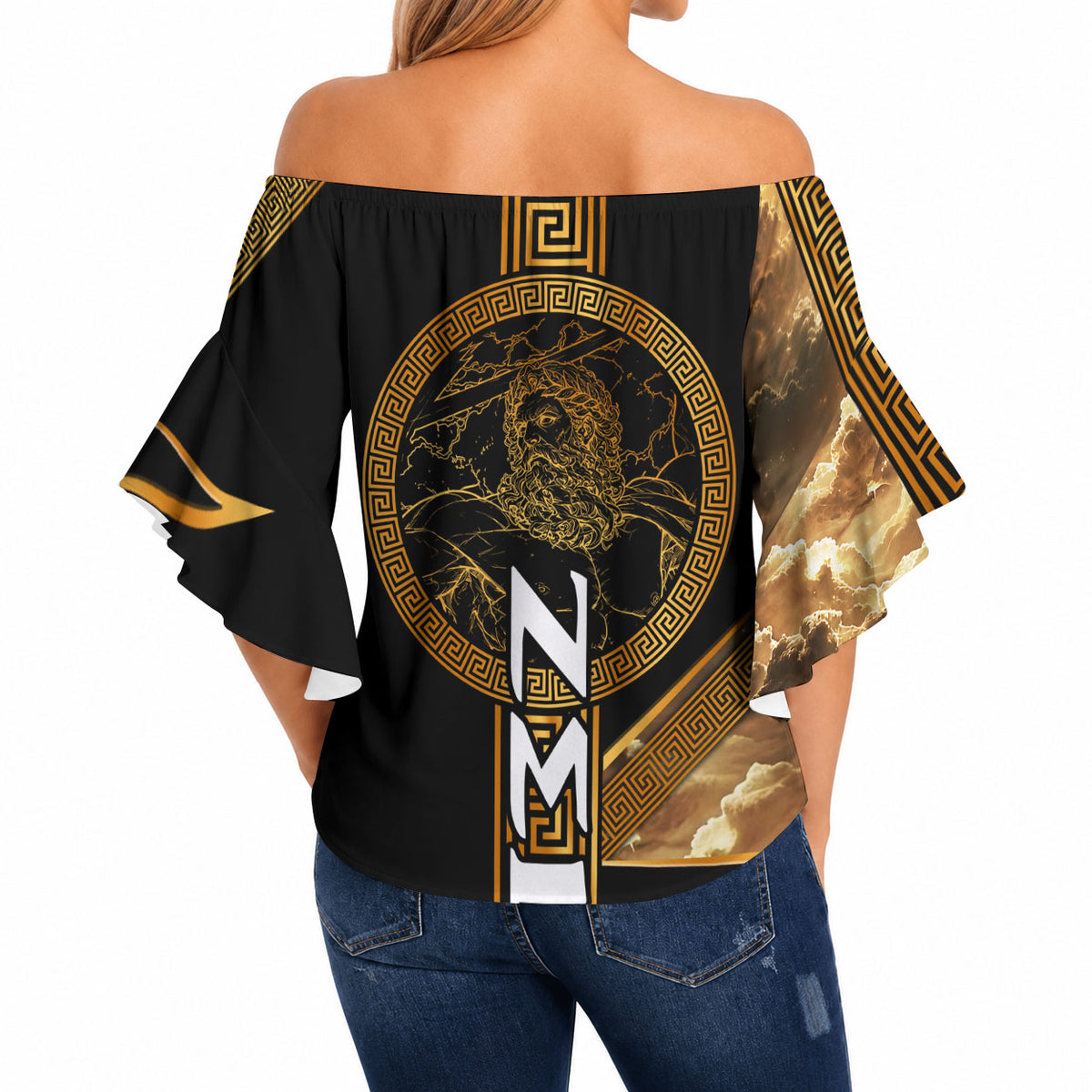 Zeus Greek Mythology King Of Gods Off Shoulder Wrap Waist Top Gold Meander Pattern Lightning Bolt Mythological