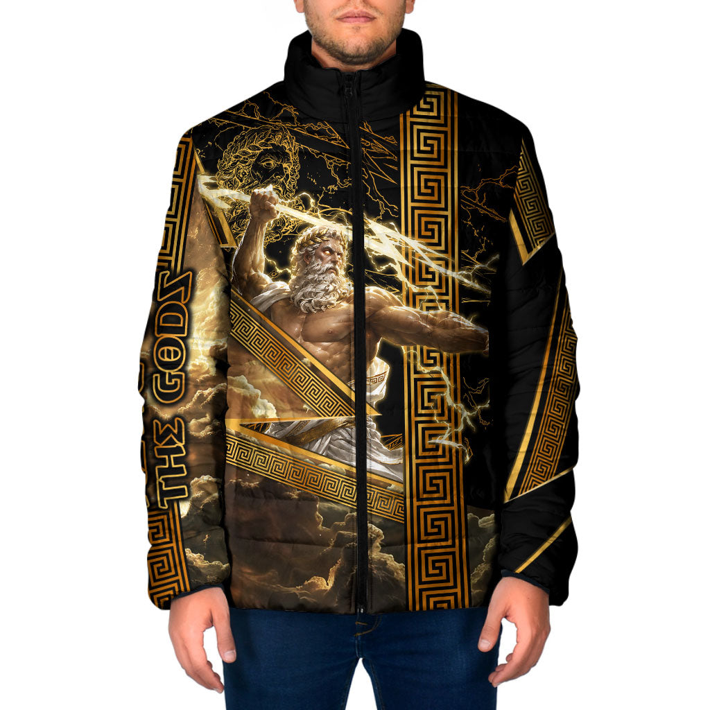Zeus Greek Mythology King Of Gods Padded Jacket Gold Meander Pattern Lightning Bolt Mythological