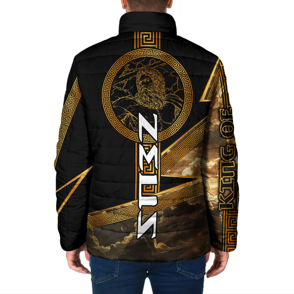 Zeus Greek Mythology King Of Gods Padded Jacket Gold Meander Pattern Lightning Bolt Mythological