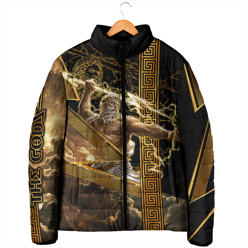 Zeus Greek Mythology King Of Gods Padded Jacket Gold Meander Pattern Lightning Bolt Mythological