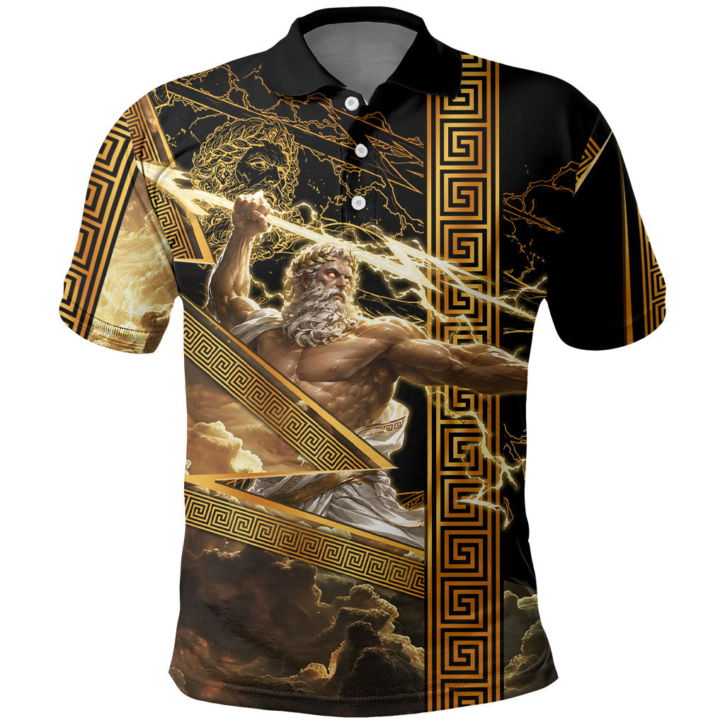 Zeus Greek Mythology King Of Gods Polo Shirt Gold Meander Pattern Lightning Bolt Mythological