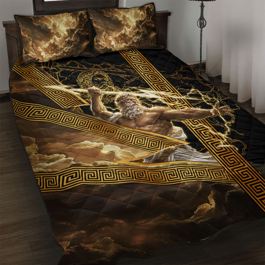 Zeus Greek Mythology King Of Gods Quilt Bed Set Gold Meander Pattern Lightning Bolt Mythological
