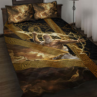 Zeus Greek Mythology King Of Gods Quilt Bed Set Gold Meander Pattern Lightning Bolt Mythological
