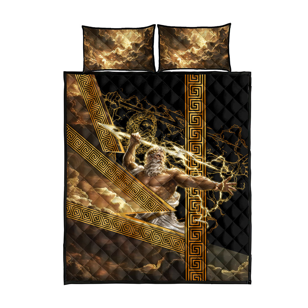 Zeus Greek Mythology King Of Gods Quilt Bed Set Gold Meander Pattern Lightning Bolt Mythological