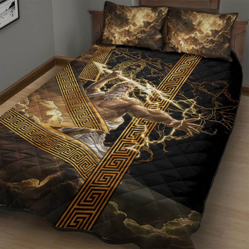 Zeus Greek Mythology King Of Gods Quilt Bed Set Gold Meander Pattern Lightning Bolt Mythological