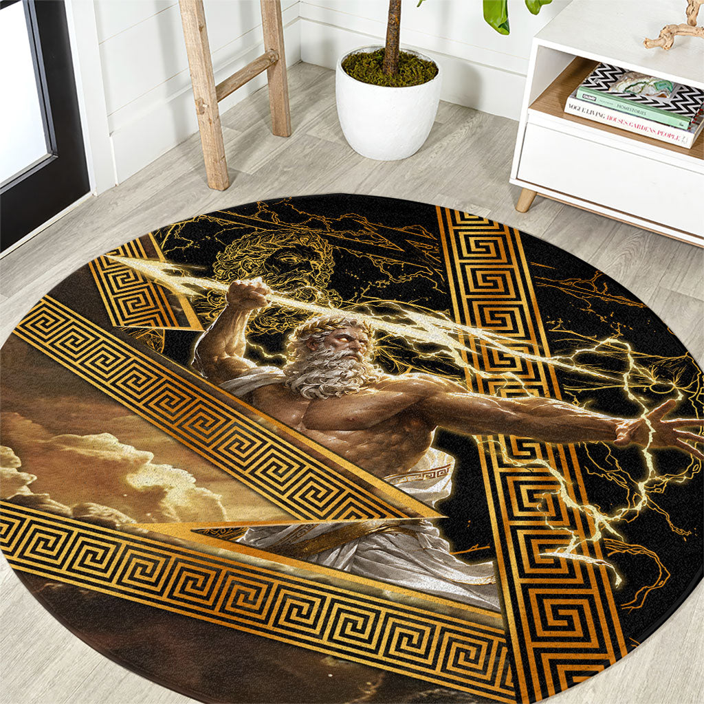 Zeus Greek Mythology King Of Gods Round Carpet Gold Meander Pattern Lightning Bolt Mythological