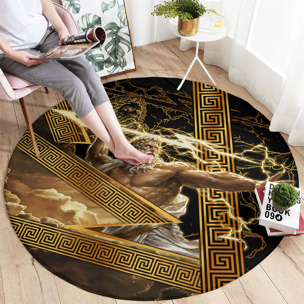 Zeus Greek Mythology King Of Gods Round Carpet Gold Meander Pattern Lightning Bolt Mythological