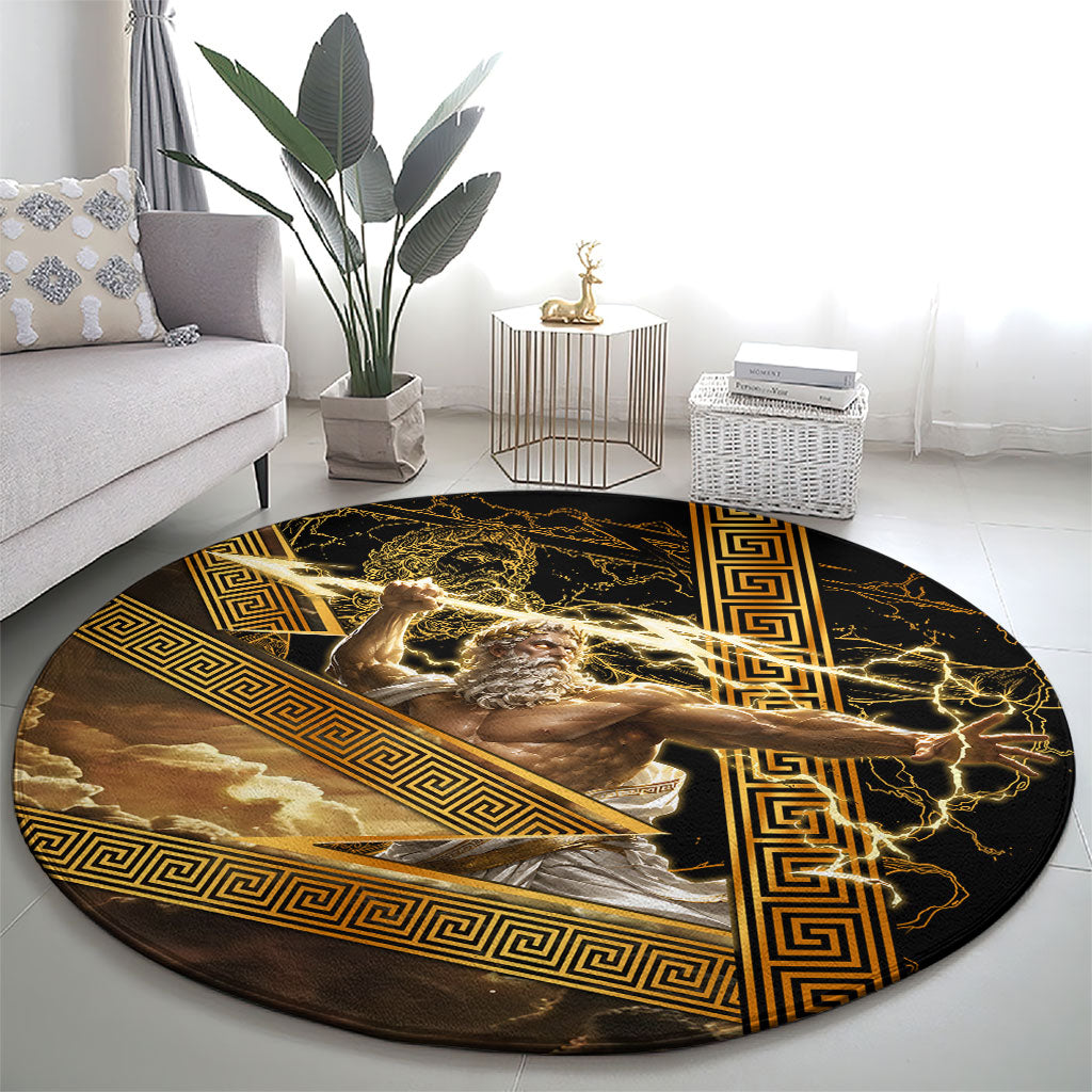 Zeus Greek Mythology King Of Gods Round Carpet Gold Meander Pattern Lightning Bolt Mythological