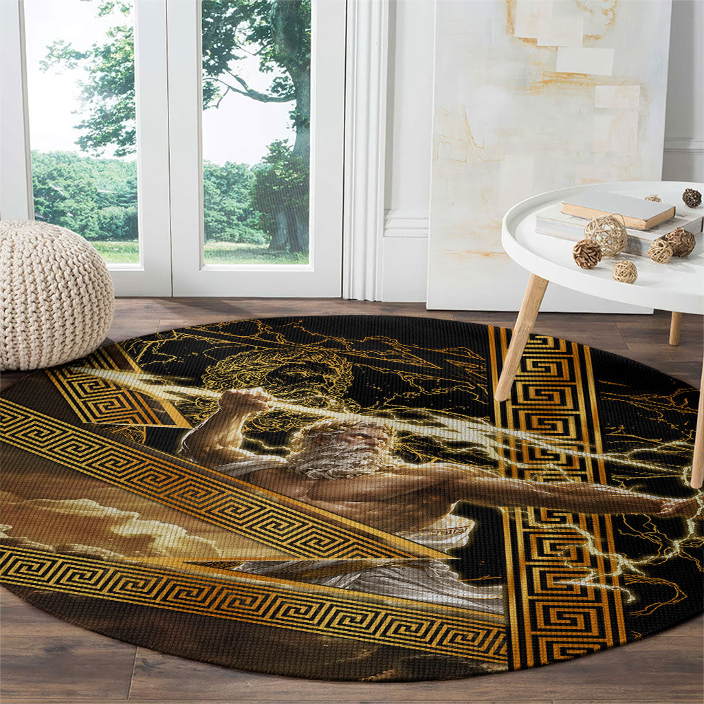 Zeus Greek Mythology King Of Gods Round Carpet Gold Meander Pattern Lightning Bolt Mythological