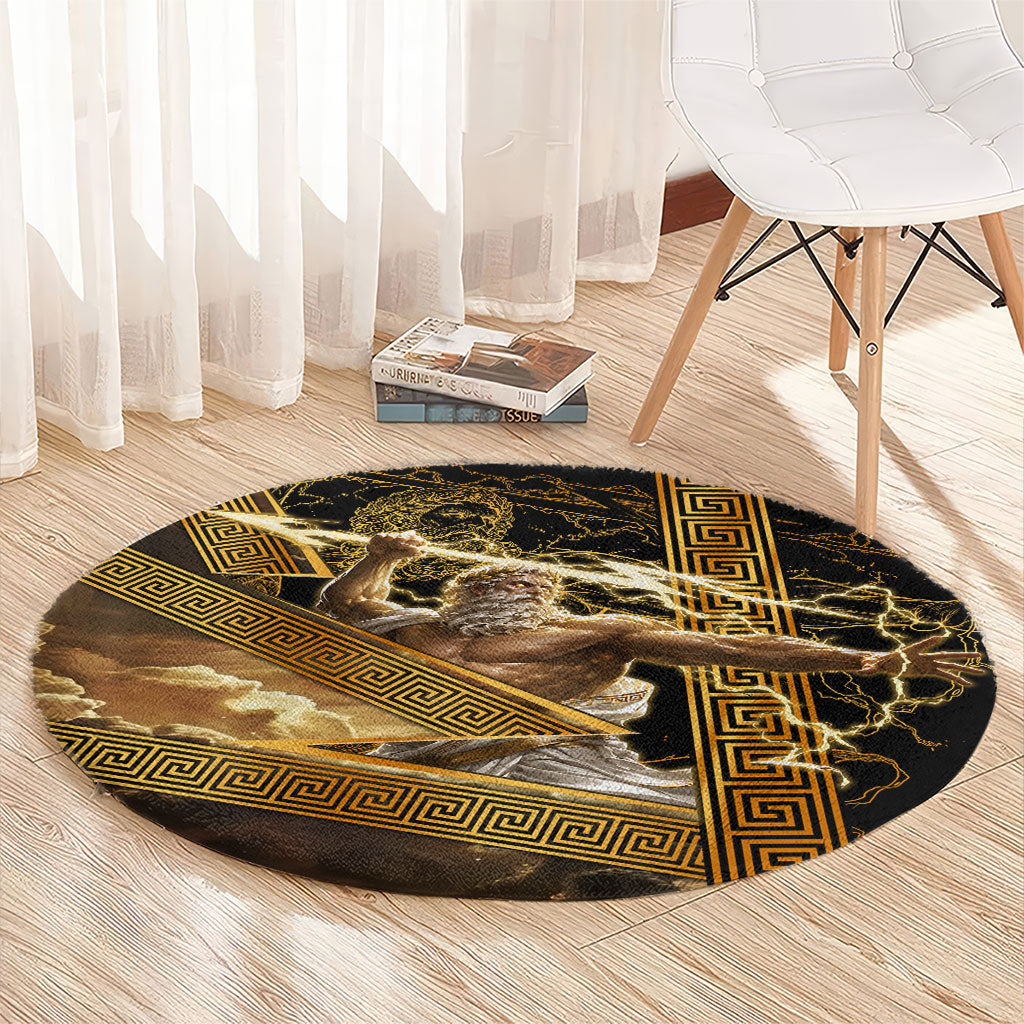 Zeus Greek Mythology King Of Gods Round Carpet Gold Meander Pattern Lightning Bolt Mythological
