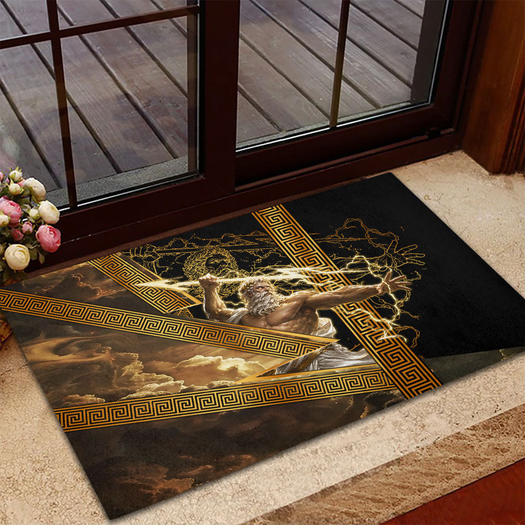 Zeus Greek Mythology King Of Gods Rubber Doormat Gold Meander Pattern Lightning Bolt Mythological