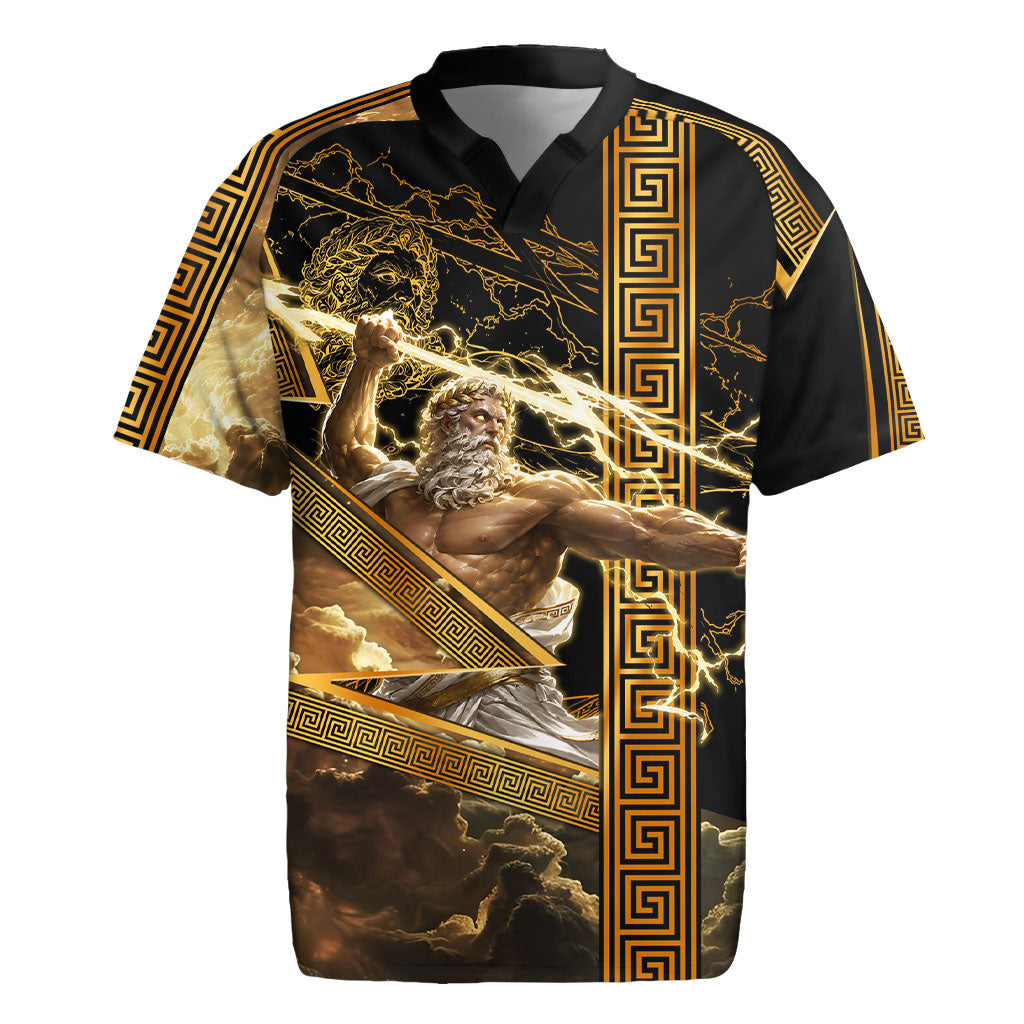 Zeus Greek Mythology King Of Gods Rugby Jersey Gold Meander Pattern Lightning Bolt Mythological