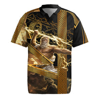 Zeus Greek Mythology King Of Gods Rugby Jersey Gold Meander Pattern Lightning Bolt Mythological